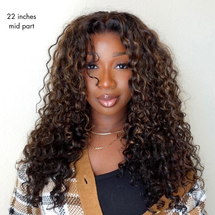 Lorana Curls™ —  Ready-to-Wear • Chestnut Brown Highlights Curly Wig 100% Premium Human Hair