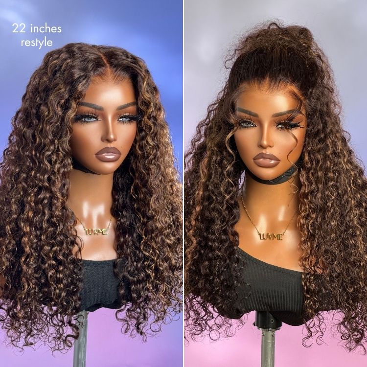 Lorana Curls™ —  Ready-to-Wear • Chestnut Brown Highlights Curly Wig 100% Premium Human Hair