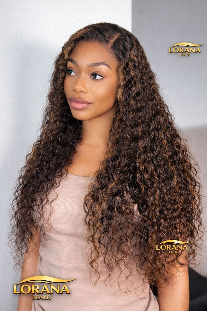 Lorana Curls™ —  Ready-to-Wear • Chestnut Brown Highlights Curly Wig 100% Premium Human Hair