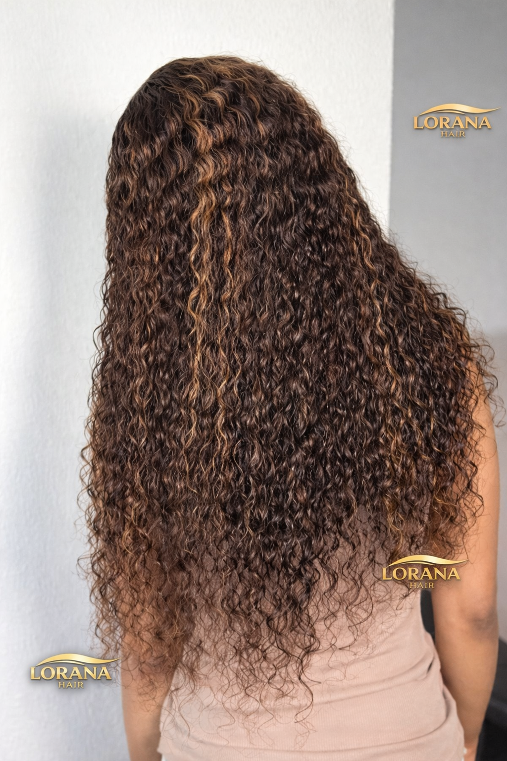 Lorana Curls™ —  Ready-to-Wear • Chestnut Brown Highlights Curly Wig 100% Premium Human Hair
